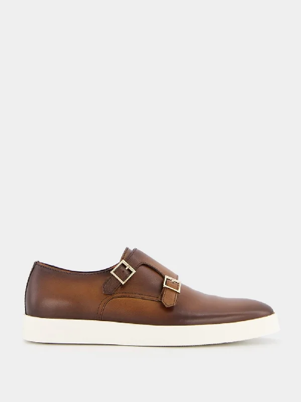 Brown Tumbled Leather Double-Buckle Shoe