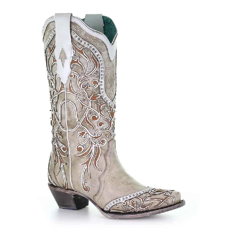 cozy boots with warm lining-Corral White Overlay with Studs & Crystals Cowhide Leather Boots