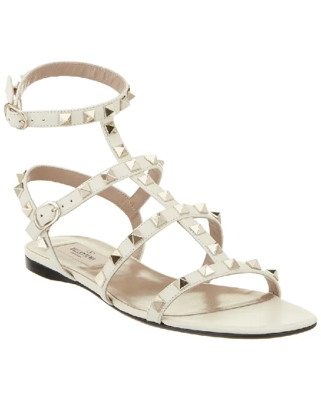 Sandals for slim feet-Valentino Rockstud Caged Leather Ankle Strap Sandal