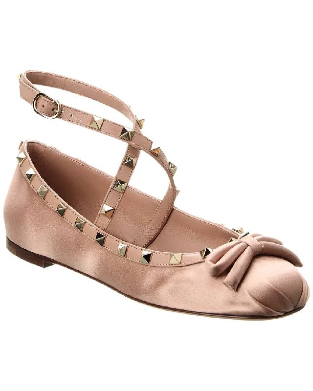 Affordable flats near coasts-Valentino Rockstud Satin & Leather Flat