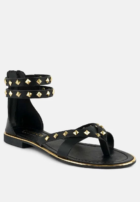 Sandals with floral straps-EMMETH Studs Embellished Black Flat Gladiator Sandals