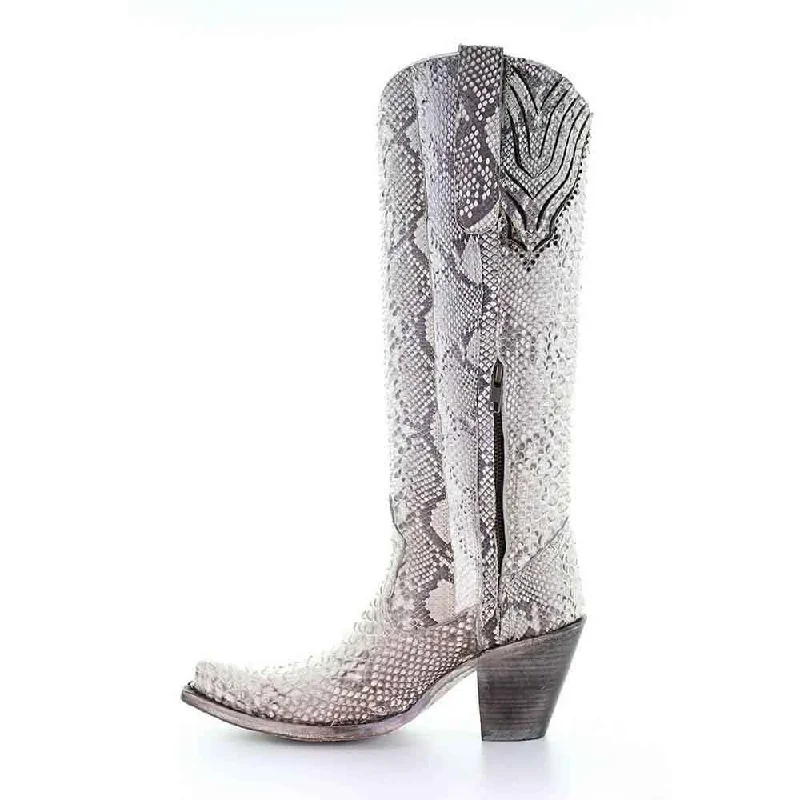 comfortable boots with ankle protection-Corral White Genuine Python Tall Cowgirl Boots