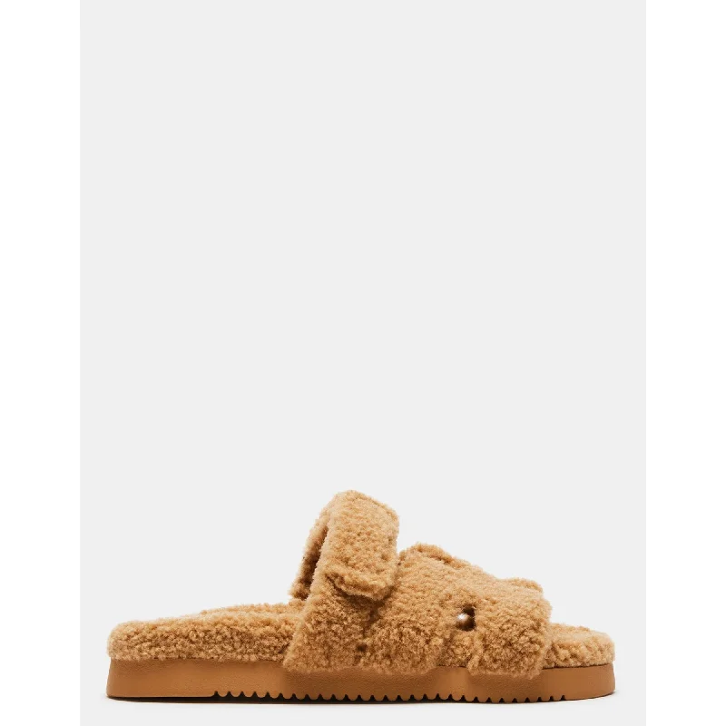 Sandals for walking comfort-Mayven Faux Shearling Camel Fabric