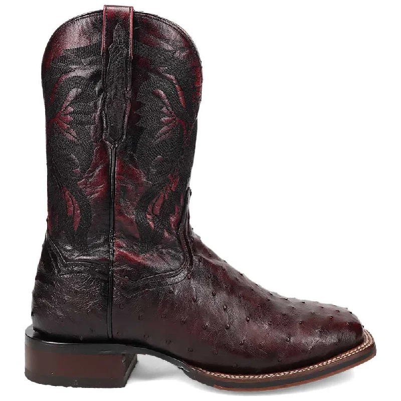 knee-high boots with low heel-Dan Post Men’s Alamosa Black and Cherry Full Quill Ostrich Boots