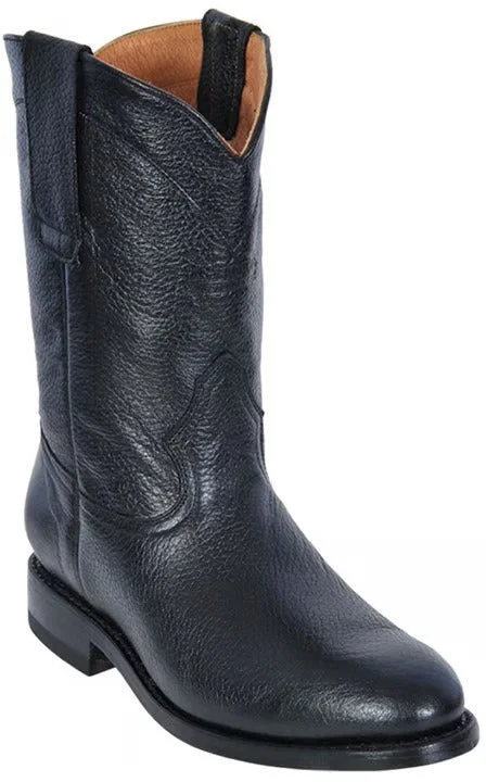 boots with long-lasting durability-Los Altos 535105 Men's Black Genuine H-53 Roper Deer Wide Square Toe Cow Boy Boots