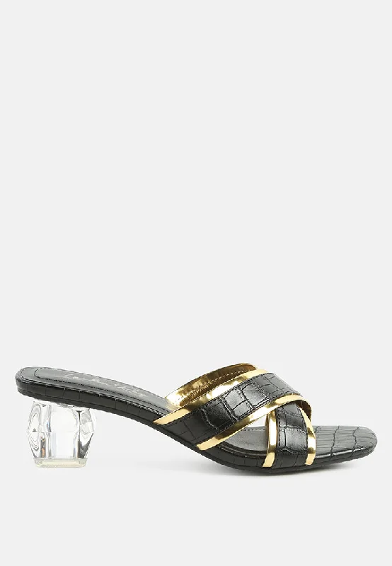 Sandals for light outdoor activities-stellar gold line croc textured low heel sandals