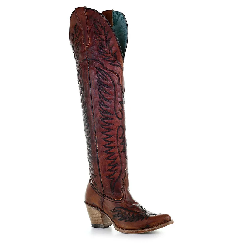 stylish leather boots with fur lining-Corral Cognac Embroidered Tall Top Cowgirl Boots