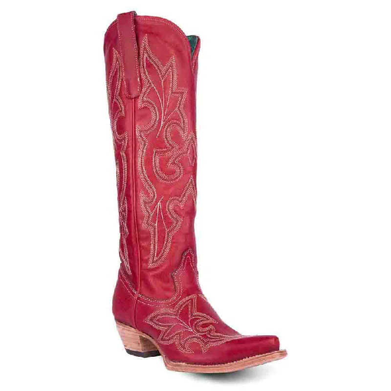 trendy knee-high boots for women-Corral Embroidered Red Cowhide Boots