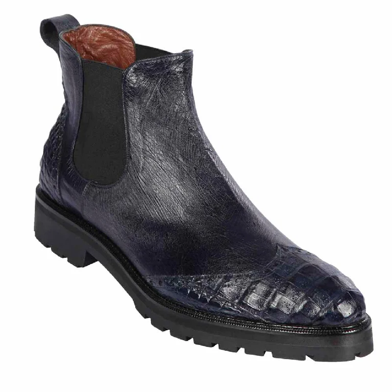 stylish boots for skiing trips-Los Altos ZLM078210 Men's Navy Blue Genuine Caiman Belly & Smooth Ostrich Boots