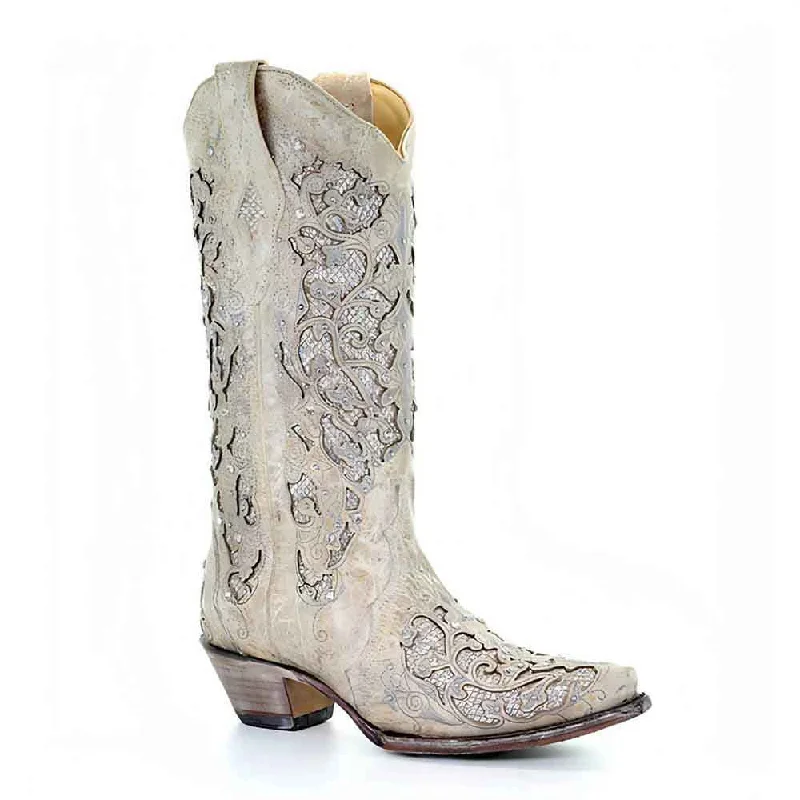 boots for all-season protection-Corral White Glitter Inlay & Crystals Cowgirl leather Boots