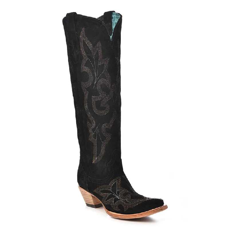 boots for casual weekend wear-Corral Women's Tall Black Suede Embroidery Boots