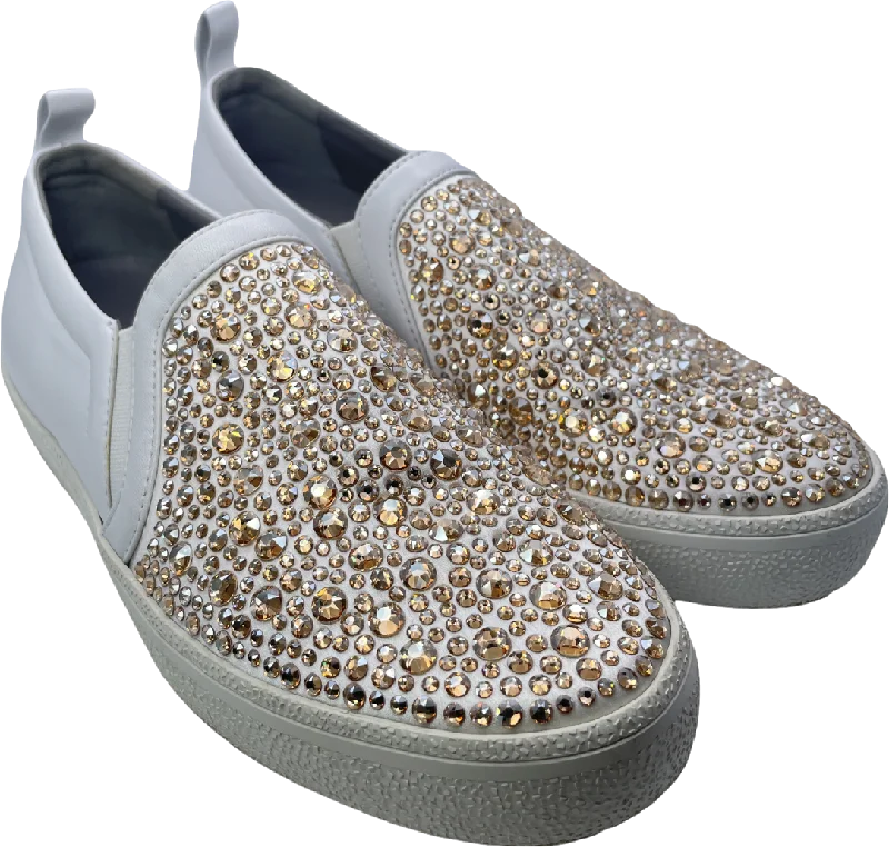 Athletic shoes for sprinting-Gina White White/gold Leather & Crystal Embellished Satin Gioia Slip On Skate Sneakers Trainers UK 4 EU 37 👠