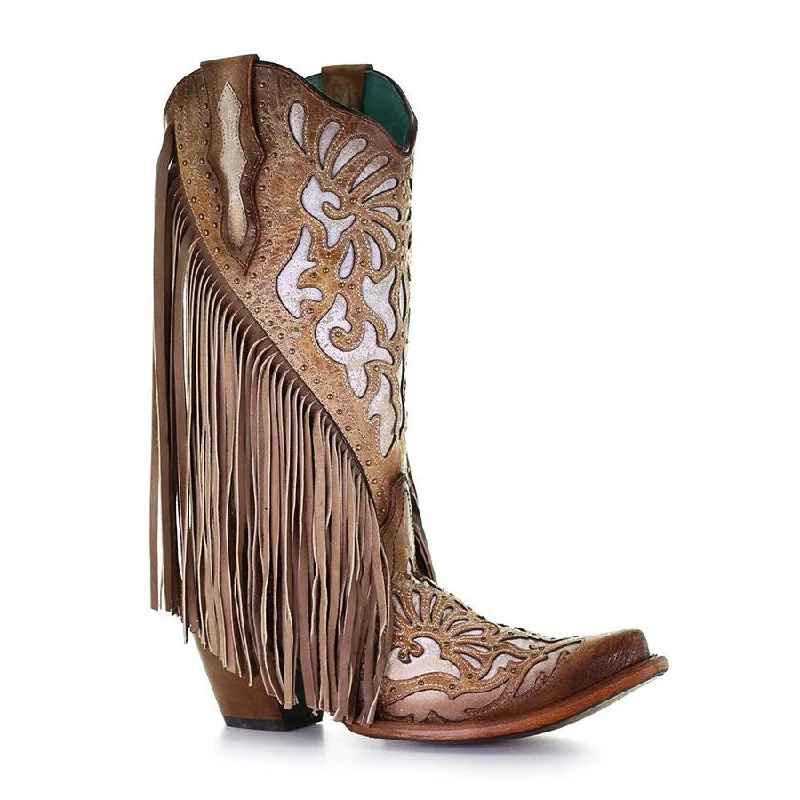 trendy boots for casual business attire-Corral Light Brown Embroidery & Fringe Snip Toe Cowgirl Boots