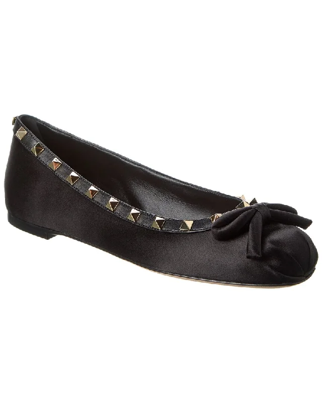 Affordable flats with views-Valentino Rockstud Satin & Leather Ballerina Flat