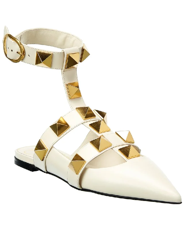 Luxury flats with decks-Valentino Roman Stud Leather Ankle Strap Flat