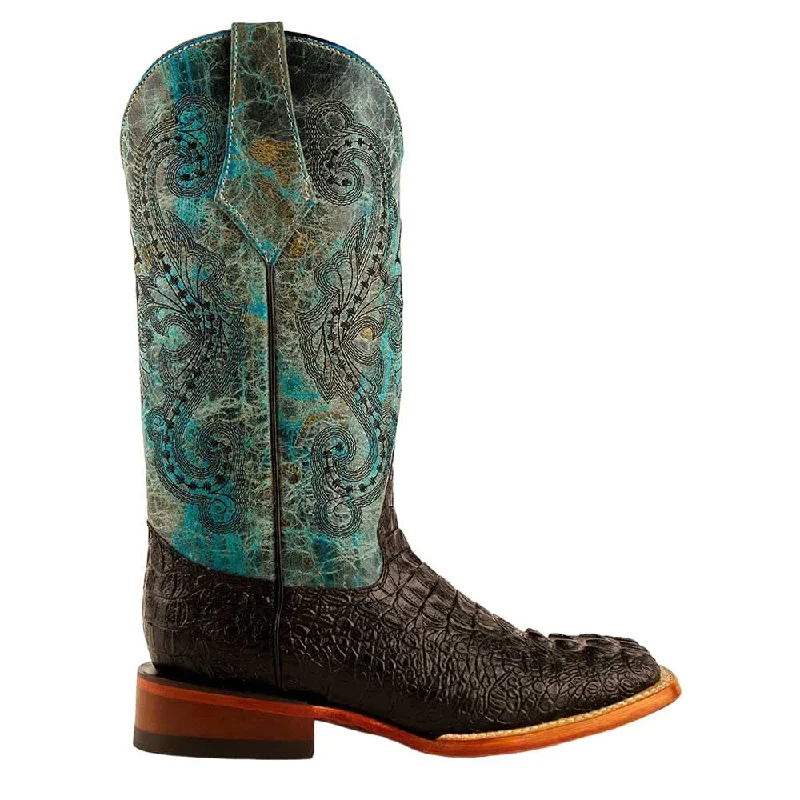 boots for the coldest weather-Ferrini Stampede Ladies Black/Teal Caiman Square Toe Cowhide Print Boots