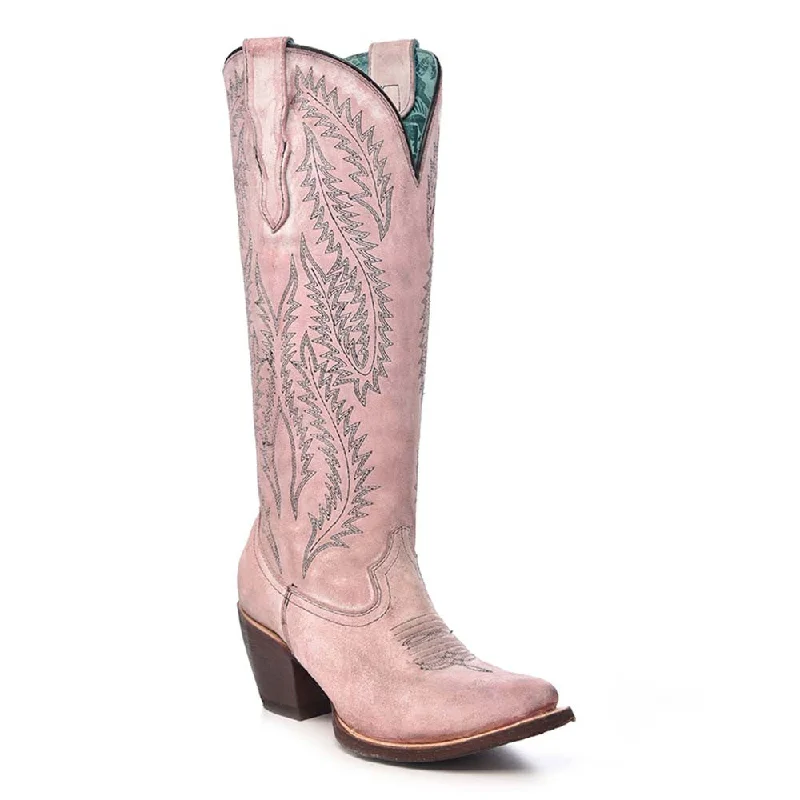 boots for working outdoors-Corral Women’s Tall Knee-High Rose Pink Embroidery Boots