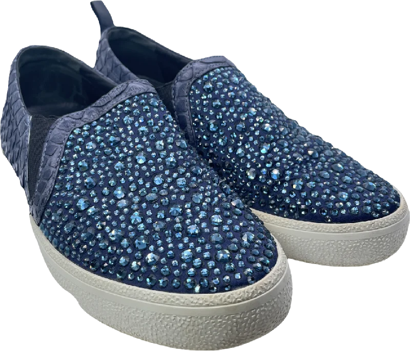 Athletic shoes for back pain relief-Gina Blue Navy Snake Leather & Crystal Embellished  Slip On Skate Sneakers Trainers UK 3 EU 36 👠