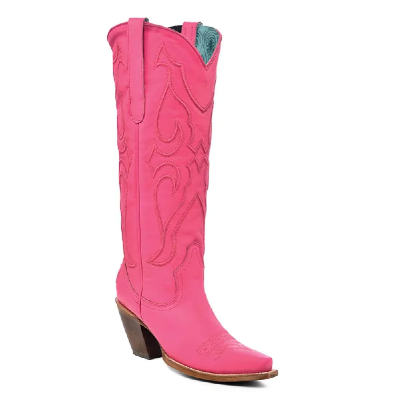 comfortable boots for all-day use-Corral Women’s Tall Inlay Snip Toe Fuchsia & Stitch Pattern Boots