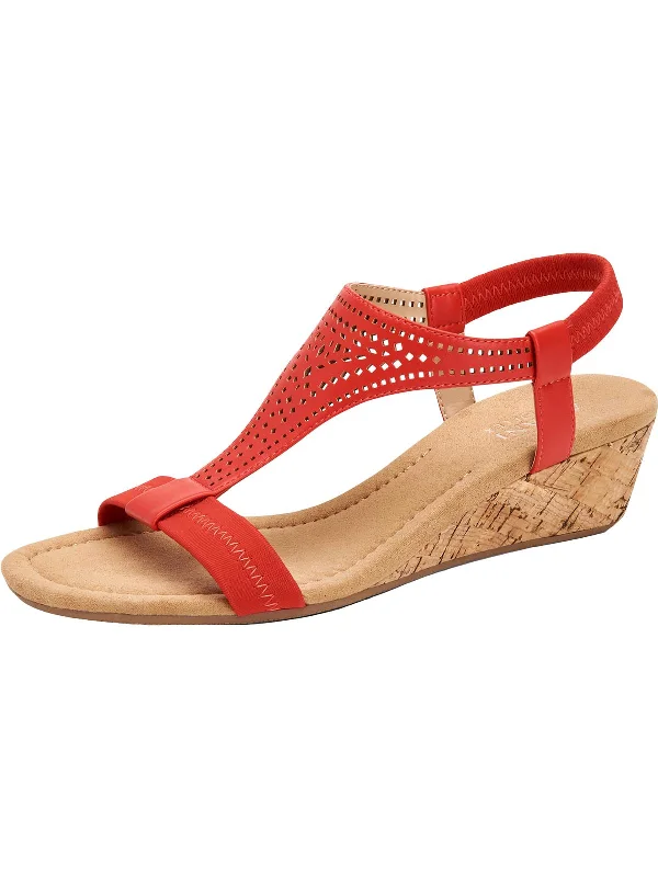 Comfortable sandals with soft soles-Vacanzaa 2 Womens Faux Leather T-Strap Wedge Sandals