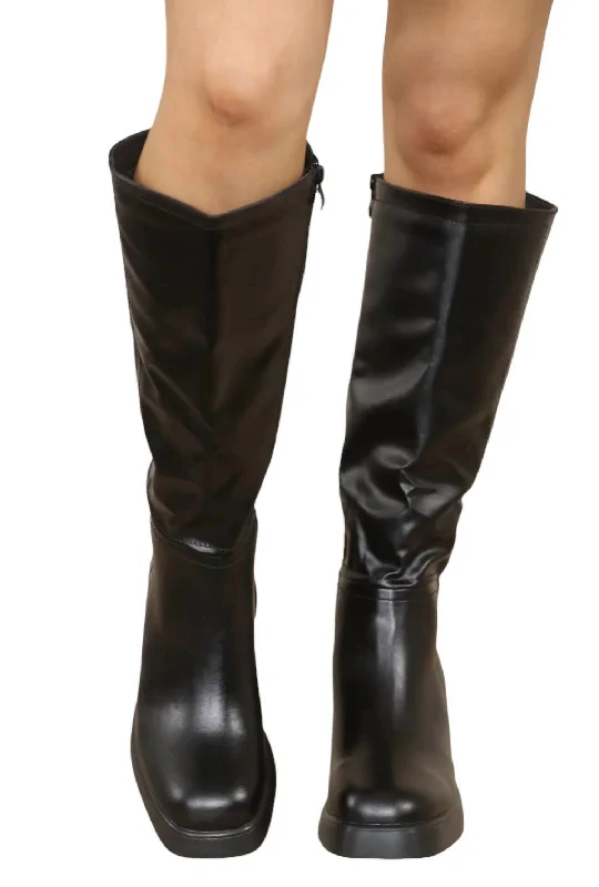 stylish and practical winter boots-Gogo Pu Knee Heeled Boot In Black