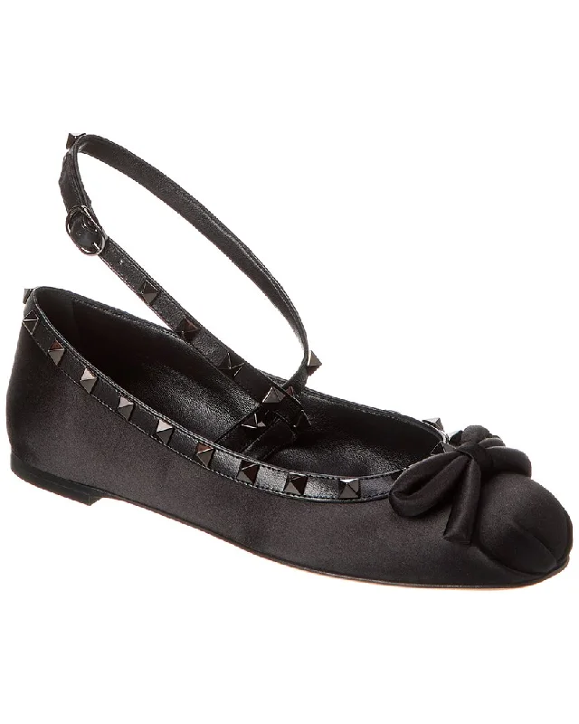 Flats near cultural spots-Valentino Rockstud Satin & Leather Flat