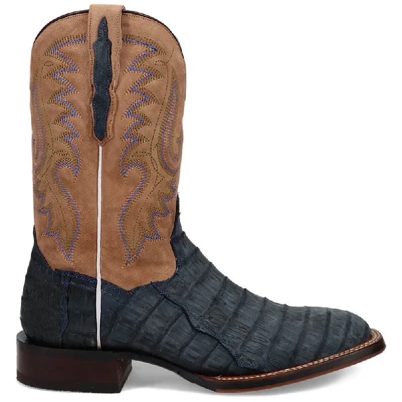 boots for urban exploring-Dan Post Men's Leon Denim & Tan Caiman Square Toe Western Boots